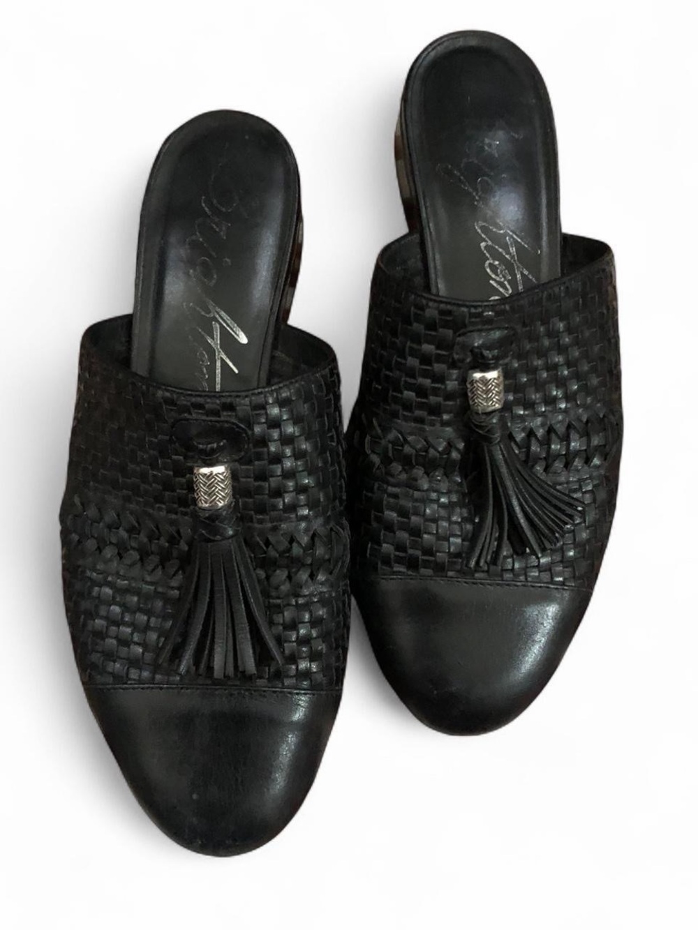 Brighton Idol Black leather woven braided fisherman loafers flats mules sandals